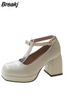 Black Ankle Strap Platform Pumps Women Pu Leather Square Toe Mary Jane Shoes Woman Goth Thick High Heels Shoes