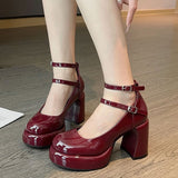 Heels Women's Spring Autumn Pumps Shoes Red Black Retro Thick Soled Mary Jane Shoes Ankle Buckle 9cm Chunky Heels