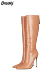Toe Women's High Boots Sexy Metal Thin Heels Shoes Rose Red Shiny Leather Back Zipper Women's Winter High Boots
