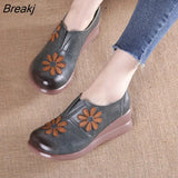 Women Embroider Flower Fashion Flat Increase Wedges Shoes Genuine Leather Ethnic Design Women's Shoes Ladies