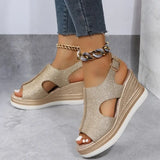 New Women's Casual Wedge Sandals Comfy Open Toe Glitter Color Golden Women's Summer High-heeled Sandals Sandalias De