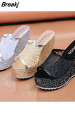 Golden Women Slippers Summer Shoes Platform(4cm) Outside Fitting-room 11cm High Heels Wedges Solid Mesh Female