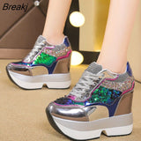 White Sneakers Women's Platform Wedge Casual Shoes Height Increasi Shoes 10 CM Thick Sole Chunky Sequins Lady Autumn