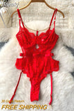 Sexy Women See Through Mesh Lace Bodysuits Black Red Spaghetti Strap Sleeveless Chain Decoration Body Femme