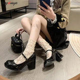 Thick High Heels Mary Jane Shoes Women 2023 Patent Leather Brown Shoes Woman Round Toe Chunky Heels Pumps