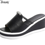 Women Slipper Sandals Heels Wedges Platform Leather Peep toe Crystal Elegant Female Sandals Ladies Mules 2 Summer