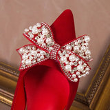 Elegant Ladies Red Silk Wedding Bride Shoes Pearl Bowknot Pointed Toe Pumps Women Sexy Party Dress High Heels Shoes
