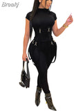 Women Moto Style Two 2 Piece Set Outfit Black Grey Corset Top + Bandage Skinny Legging Pants Suits Streetwear Fashion