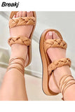 Women 2023 Fashion Woven Women's Sandals Summer Thick-soled Nude Lace-up Female Sandals Gladiator Beach Sandals