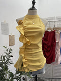Spicy Design Sleeveless Leaves Three-Dimensional Flower Blouse Atmosphere Slimming Waist
