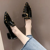 Spring New Women Pointed Toe Rivet Thick Heels Loafer Retro British Style Belt Buckle Slip on Chunky High Heels Women