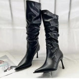 Women's Shoes 2023 High Quality Slip-on Women's Boots Fashion Pleated Office and Career Sexy Pointed Toe Knee-High Boots