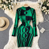 Women Autumn Long Sleeve Sweater Dress 2023 Elegant Ladies Stand Collar Geometric Print Slim Bodycon Mini Party Dress