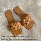Fashion Weave Slippers Women Square Toe Flat Casual Shoes Women Slide 2023 Summer Flip Flops Beach Sandal Slipper Big