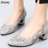 2023 Summer Fashion Hollow Out Genuine Leather Pumps Women Shoes Med Heels Square Heel Mesh Ladies Office Shoes