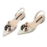 Women's Sandals Summer New Closed Toe Metal Decoration Flat Shoes Pointed Toe Slingback Women Shoes Leather Low Heel