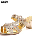 New 2023 Rhinestone Slippers Ladies Chunky Heels Hollow Casual Slippers Fashion Beach Shoes Woman Sandalias De