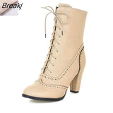 Large Sizes 32-43 British Style Women's Brogue Shoes woman Fashion High Heel Lace Up Ankle Boots Autumn Winter