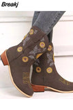 Cowboy ethnic Women Boots Coarse High Heel Embroidered Sunflower Boot Ladies Toe Knee Shoes