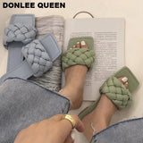 Fashion Weave Slippers Women Square Toe Flat Casual Shoes Women Slide 2023 Summer Flip Flops Beach Sandal Slipper Big