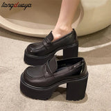 heels loafers Women Shoes Black Chunky Heel Pumps Leather Lolita Style Platform Cover Heel Slip-On Sexy Shoes Lady