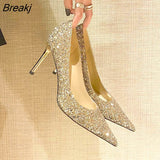Fashion Spring Autumn Woman 9CM/7CM High Heels Gold Silver Shoes Stiletto Pointed Toe Slip-on PU Bling Casual Ladies
