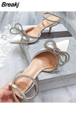 Rhinestones Women Pumps Crystal Bowknot Satin Sandals 2023 Summer Transparent Shoes High Heels Party Prom Designer