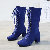 Winter Women Boots Shoes Fashion Vintage Lace-up Boots Women Round Cowboy High Heels Booties Shoes Woman Botas
