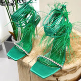 Summer Blue Tassels Feather Decor Women Crystal Transparent High Heels Sandals Sexy Open Toe Lace Up Runway Shoes