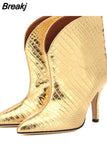 Gold Fashion Ladies Boots Spring Autumn Fall Footwear Pinted Toe Ankle Boots For Women Leopard Print Hihg Heels