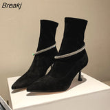 Fashion Retro Rhinestone Ring Buckle Pointed Toe Stiletto Ankle Boots Skinny Boots Stretch Boots Single Boots