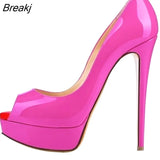 New Women Pumps Sexy Platform Peep Toe 14cm Extremely High Heels Stiletto Patent Leather Party Nighclub Red Wedding