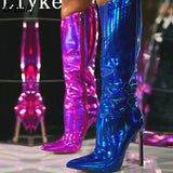 Sexy Party Nightclub Stripper Knee High Boots Female Green Smooth Patent Leather Pointed Toe Heels Women Shoes Zip