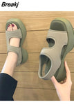 Sandals Woman Leather Low-heeled Hoof Heels Slides Fabric Rome PU Low Sandals Woman Leather Low-heeled Rome Hoof Heels