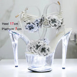 Transparent Platform High Heels Light Up Glowing Luminous Sandals Handmade Flowers Ankle Strap 17CM Summer Shoes For