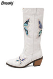Big Size 34-43 Women Knee High Boots Cowboy Autumn Thick High Heels Pointed Toe Retro Butterfly Long Boots Shoes