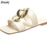 Sandals Slippers for Women Summer 2023 Metal Chain New Style All-match Flat-heeled Square Toe Fashion Korean Beach
