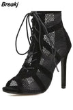 Women Sandals Black Net Suede Fabric Cross Strap Sexy High Heel Shoes Pumps Lace-up Peep Toe Chaussure Femme Sandalias