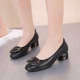 Heels 2024 New Summer Leather Single Shoes Medium Thick Heels Professional Commuting Women's Shoes Work Shoes Black Leather