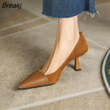 New Stitching Brown Shallow Mouth Shoes Women's French Pointed Toe Stiletto All-match Temperament High Heels 35-39