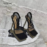 Summer New Sexy Yellow Mesh Pumps Sandals Female Square Toe High Heel Lace Up Cross-tied Stiletto Hollow Dress
