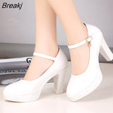 heels platform pumps mujer 2023 spring new fashion buckle solid black shoes woman PU leather waterproof shoes