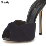 High Quality Summer Sexy Flock High Heels Elegant Mental Decoration Women Slides Casual Slip-on Slides Sandals