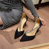 Fashion Brand Crystal Embellished High Heels Shoes Women Pointed Toe Dress Rhinestone Wedding Party Pumps Black Suede