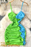 Summer Women Bodycon Dress Color Match Spaghetti Strap V Neck Sleeveless Cut Out Twist Ruched Tight Fit Night Out
