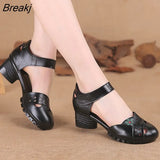 2023 Summer Genuine Leather Shoes Gladiator Sandals Women 5cm High Heels Classic Black Round Toe Hollow Ladies