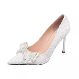 Ladies Sexy Stiletto Heel Pearl Wedding Shoes Bride Thin High Heels White Pumps Women 2023 Pointed Toe Dress Party
