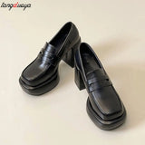 Mary Janes Shoes Women 9cm Thick High Heels 2024 Leather Platform Square Toe Pumps Ladies Solid Elegant party
