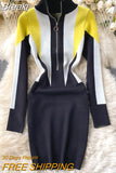 Sexy Zipper up Stand Collar Long Sleeve Knit Sweater Dress Women Elegant Color Block Slim Bodycon Party Club Mini