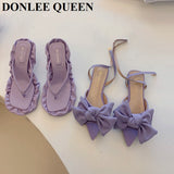 Flip-flop Sandals Women Stiletto Open Toe Purple Bow Knot High Heels 2023 Fashion Roman Sandal Elegant Mule Slipper